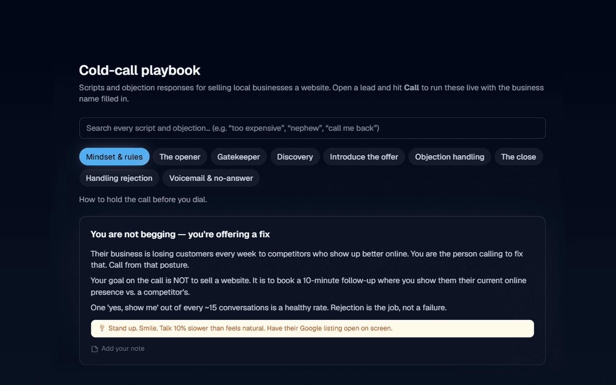 Agency OS cold call playbook with a script search, tabs from the opener through the close, and the mindset and rules card
