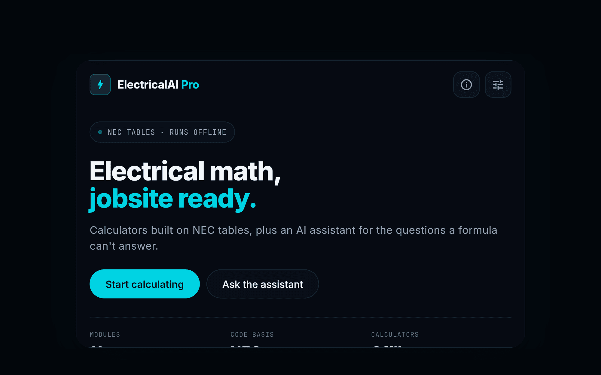 ElectricalAI Pro home screen in its dark Kinetic glass theme, headlined Electrical math, jobsite ready, with Start calculating and Ask the assistant buttons