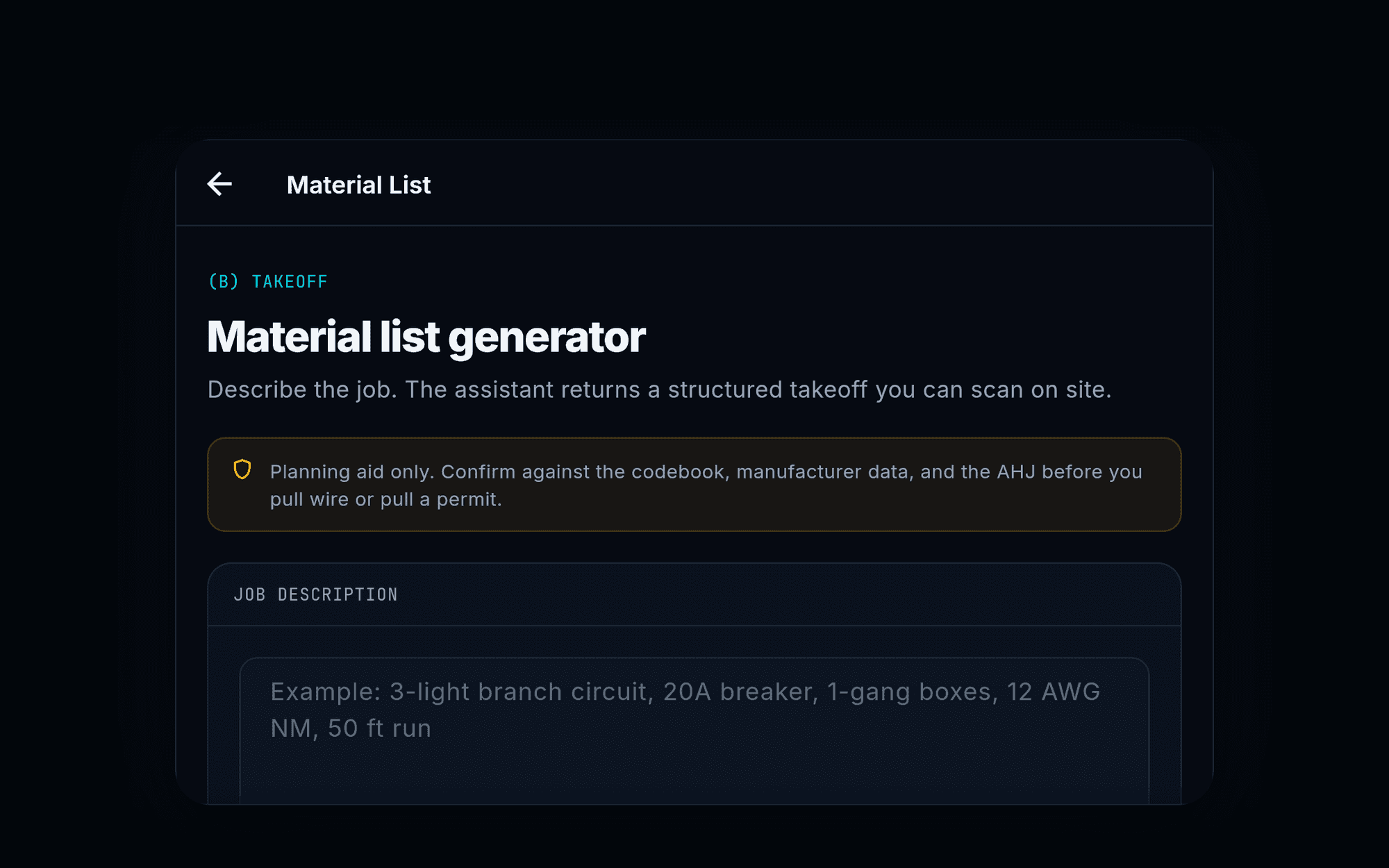 ElectricalAI Pro material list generator, where an electrician describes the job and the AI assistant returns a structured takeoff