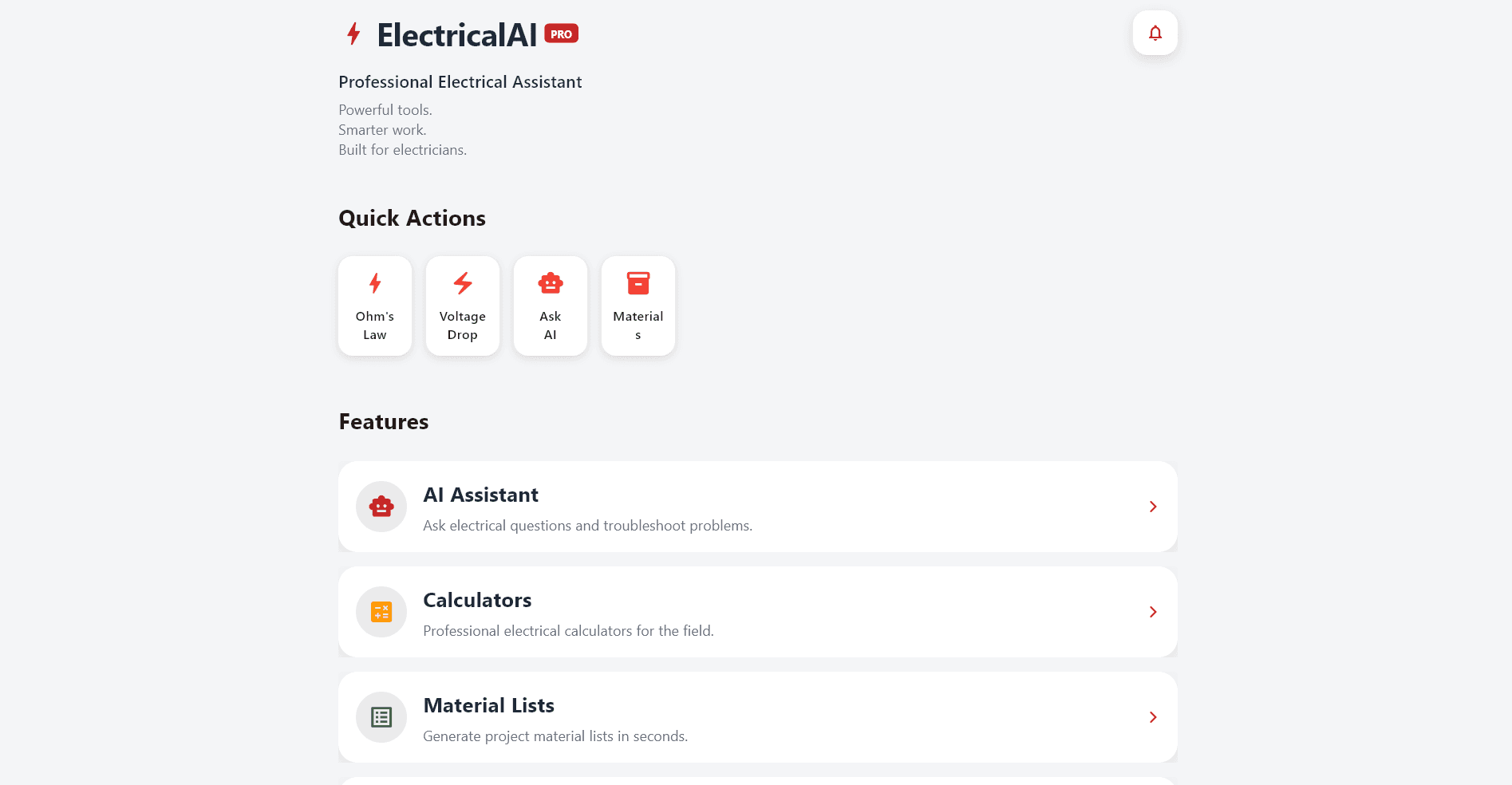 ElectricalAI Pro app screen showing quick action tools like Ohm's Law and Voltage Drop calculators, plus AI Assistant and Material List features