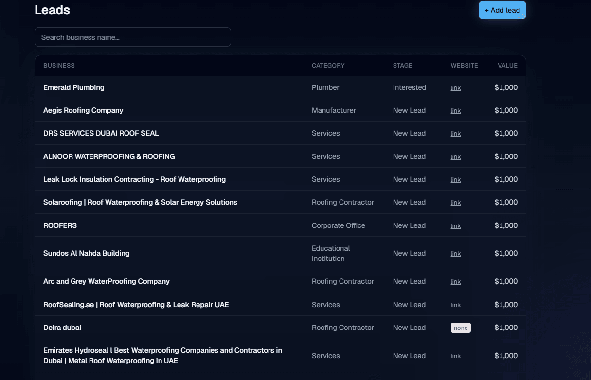 Agency OS leads table listing prospected businesses with category, pipeline stage, website link, and deal value