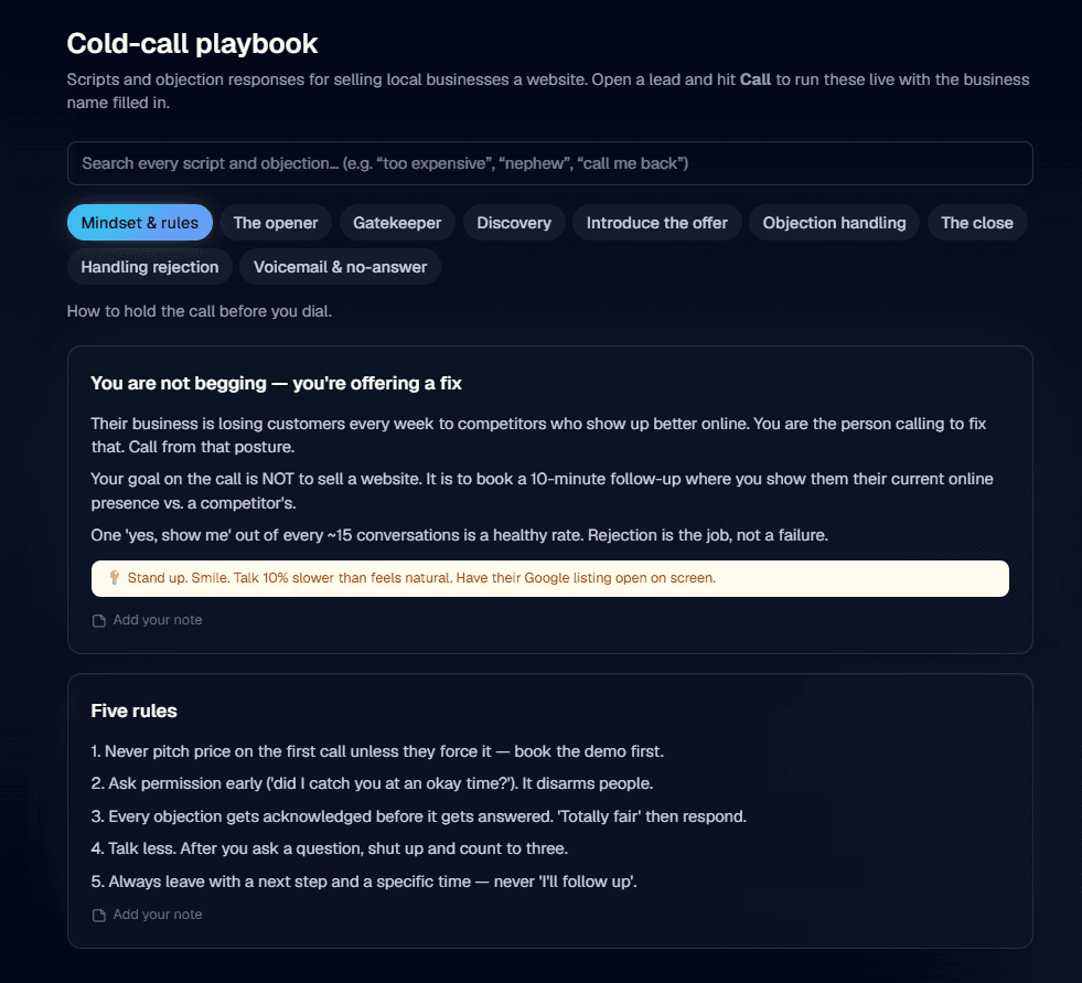 Agency OS cold call playbook screen with scripts and objection handling tabs for outreach calls