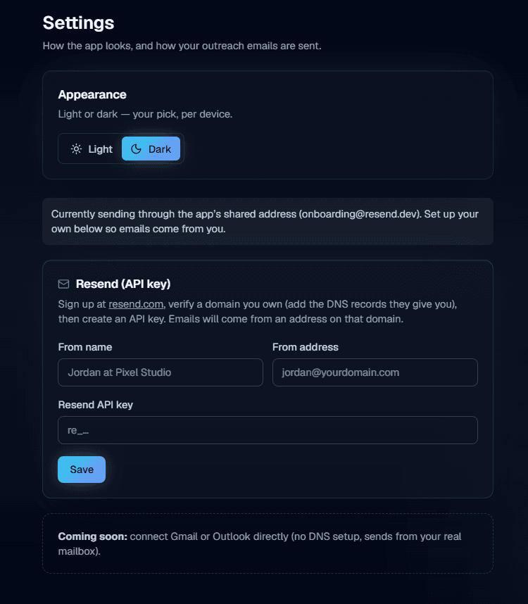 Agency OS settings screen for app appearance and connecting a custom email sending domain