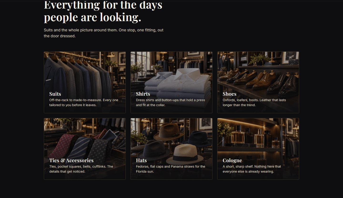 Orlando Suits product grid showing suits, shirts, shoes, ties and accessories, hats, and cologne