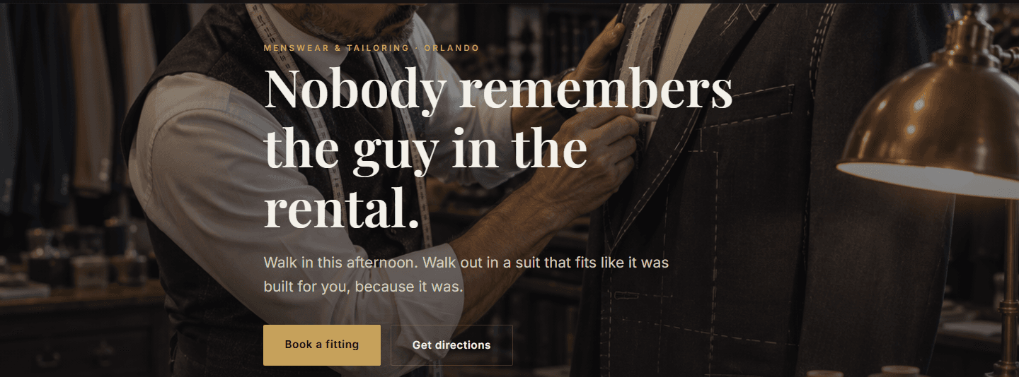 Orlando Suits homepage hero showing a tailor fitting a customer's suit jacket, headlined "Nobody remembers the guy in the rental"